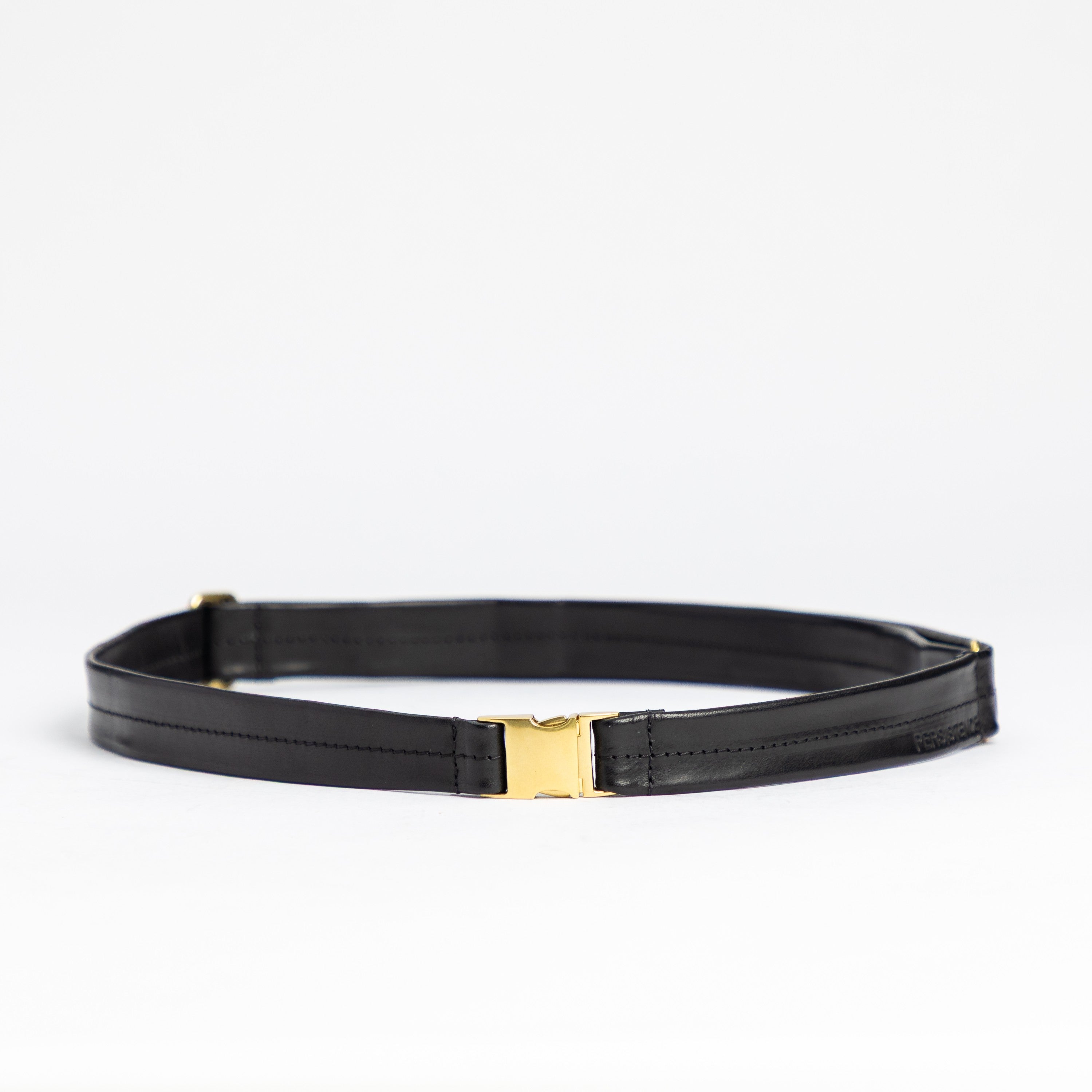 Festival Bag | Black smooth full-grain leather belt bag strap with elegant gold-tone hardware buckle and refined craftsmanship quality