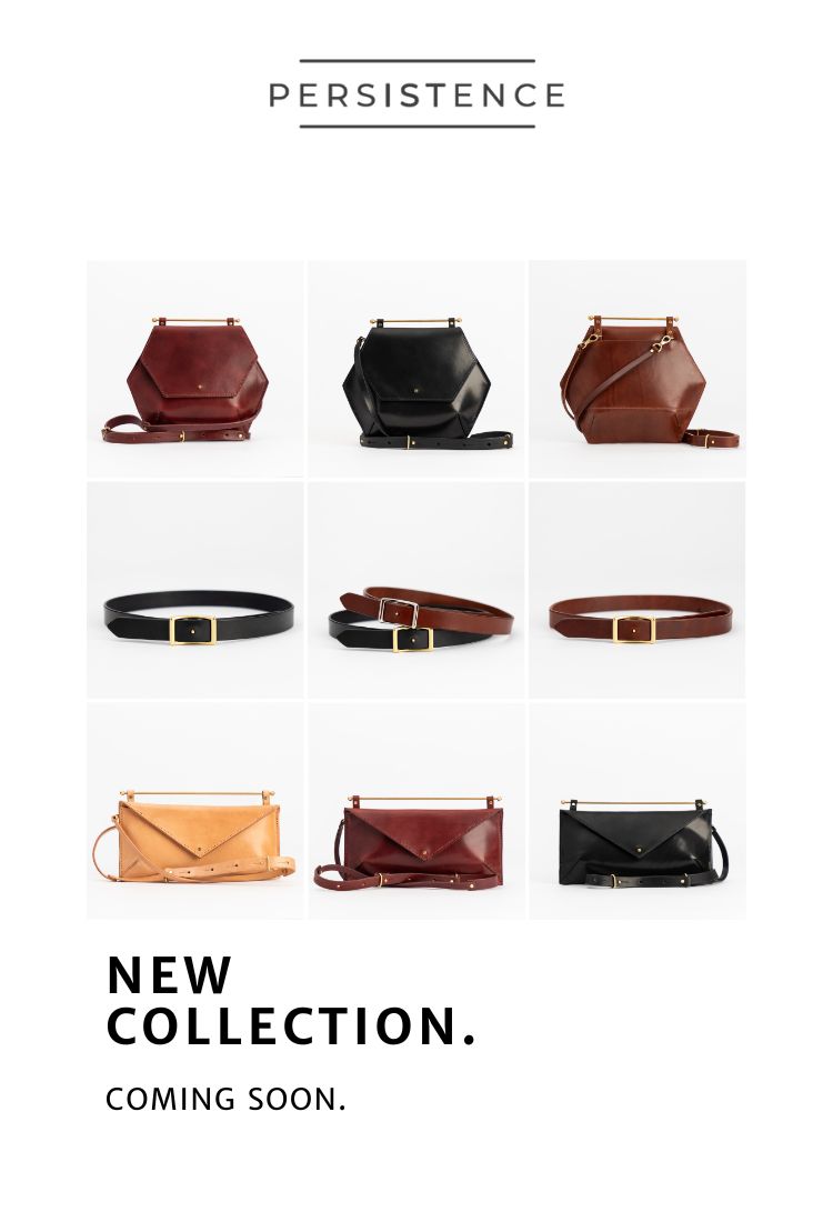 Grid of leather bags and leather belts on white background with the text: New collection. Coming soon.